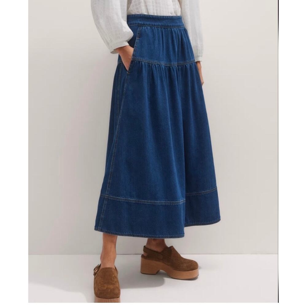 ME+EM Denim Jean Midi Skirt Women's US 12 Blue Pockets Tiered Modest Boho Casual